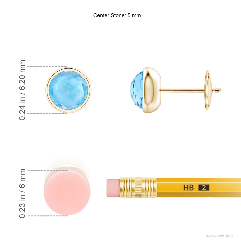 5mm AAA Bezel Set Swiss Blue Topaz Solitaire Stud Earrings in Yellow Gold ruler