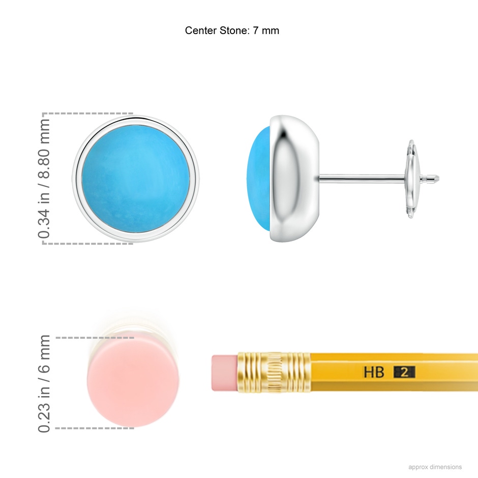 7mm AAA Bezel Set Turquoise Solitaire Stud Earrings in White Gold ruler