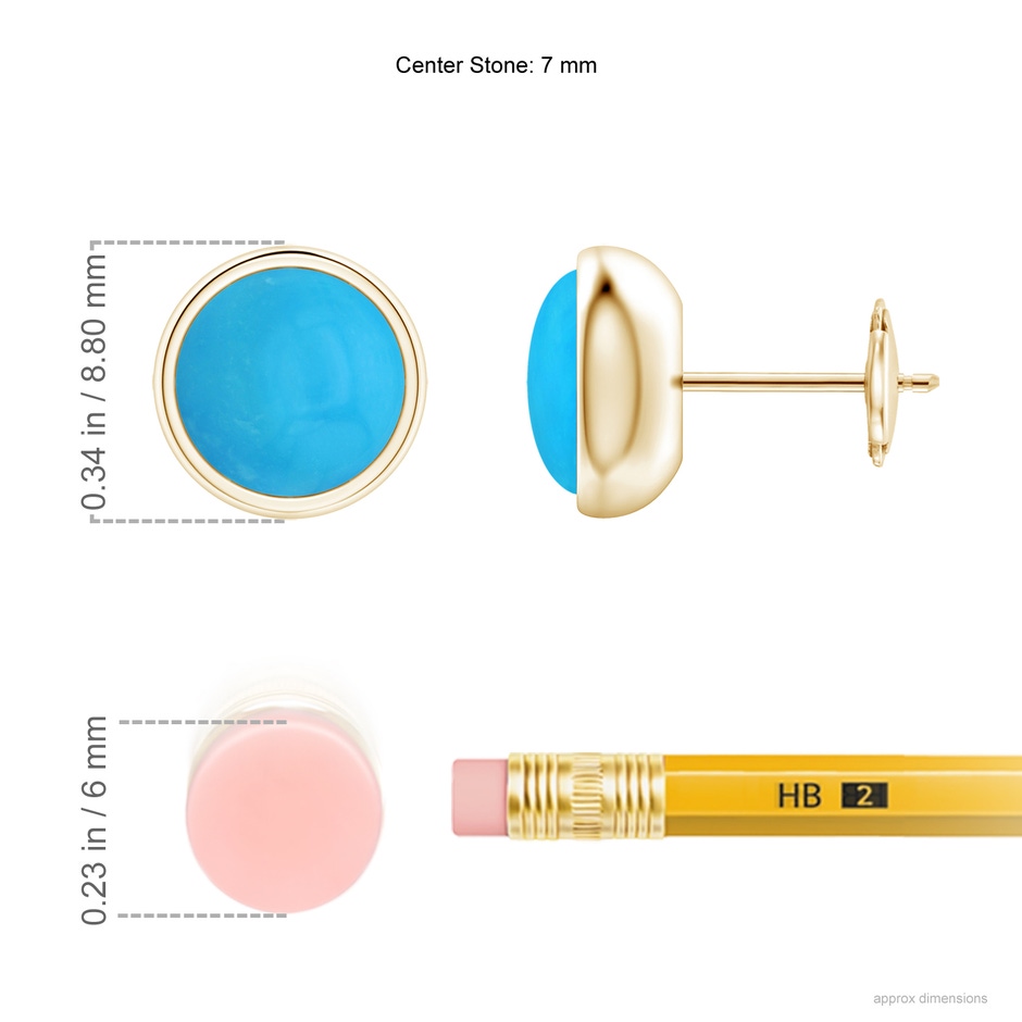 7mm AAAA Bezel Set Turquoise Solitaire Stud Earrings in Yellow Gold ruler