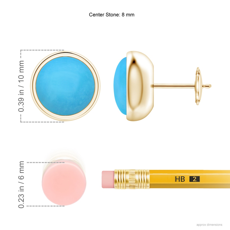 8mm AAA Bezel Set Turquoise Solitaire Stud Earrings in Yellow Gold ruler