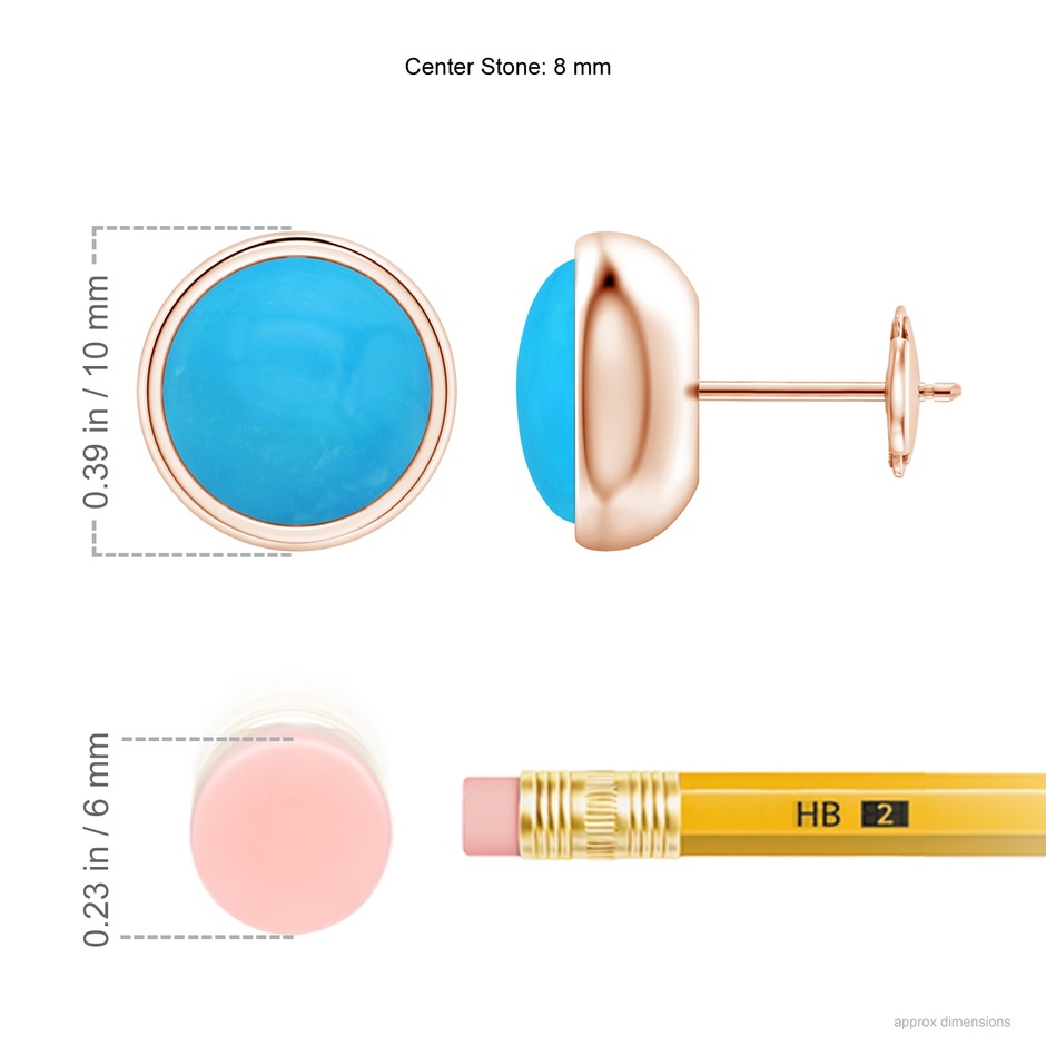 8mm AAAA Bezel Set Turquoise Solitaire Stud Earrings in Rose Gold ruler