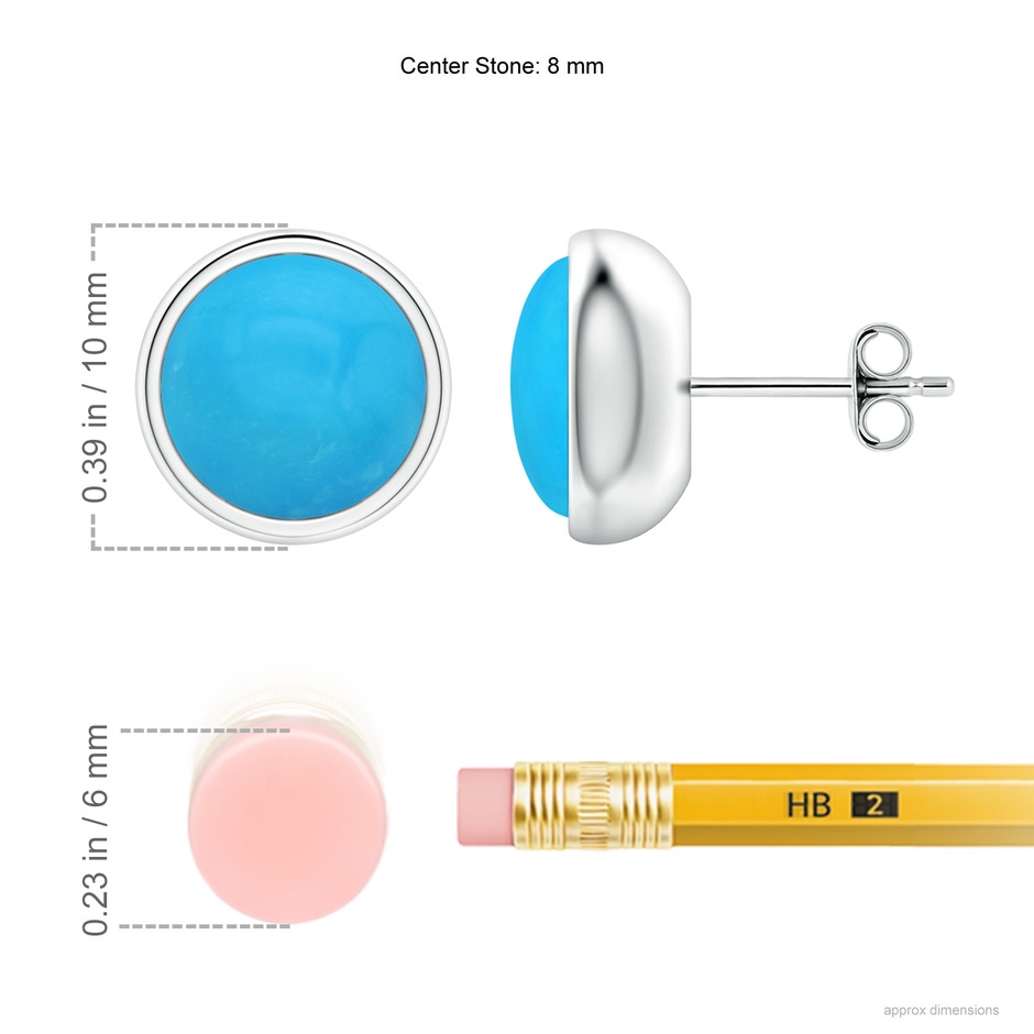 8mm AAAA Bezel Set Turquoise Solitaire Stud Earrings in S999 Silver ruler