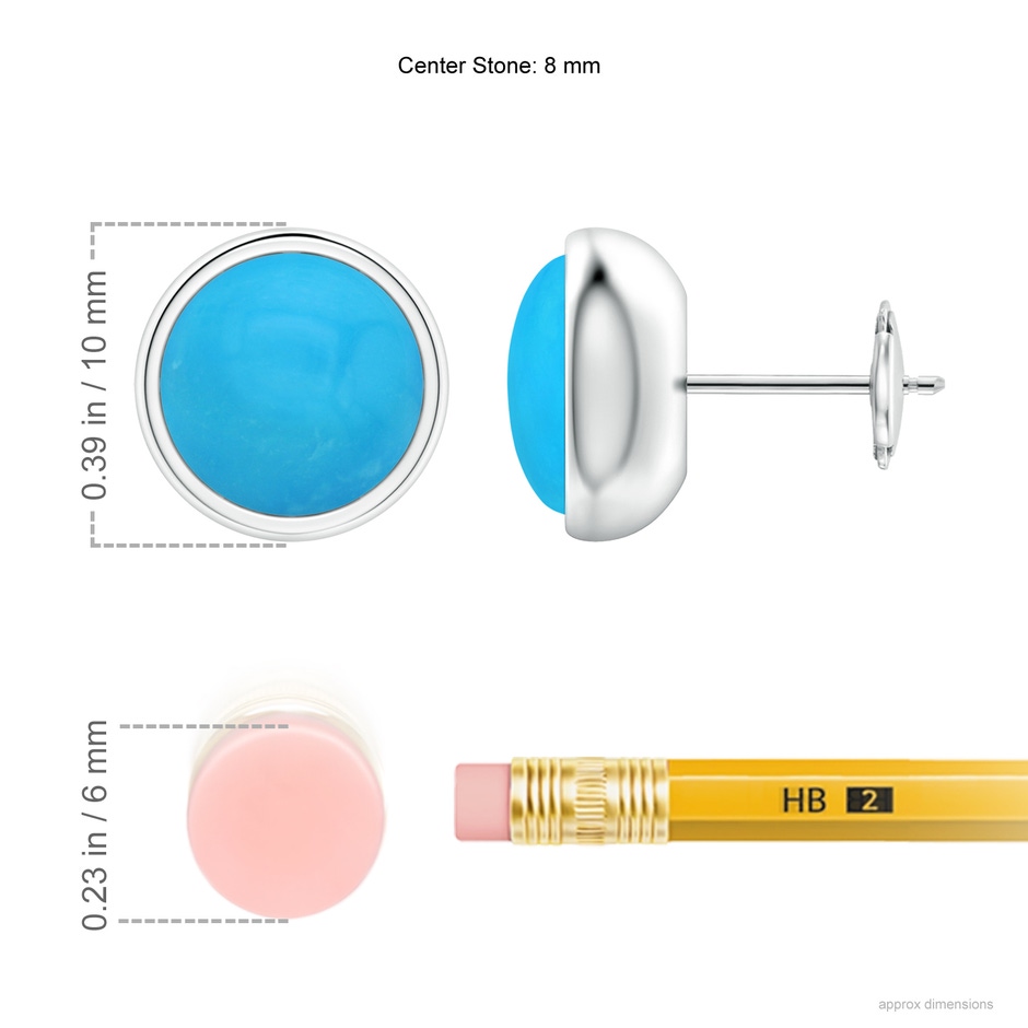 8mm AAAA Bezel Set Turquoise Solitaire Stud Earrings in White Gold ruler