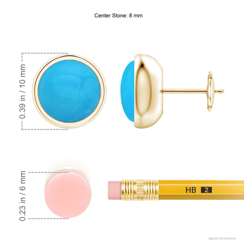 8mm AAAA Bezel Set Turquoise Solitaire Stud Earrings in Yellow Gold ruler