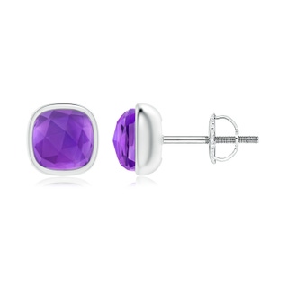 5mm AAA Bezel Set Cushion Amethyst Solitaire Stud Earrings in White Gold