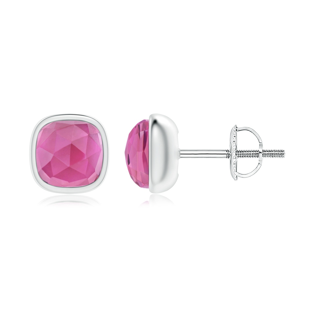 5mm AAA Bezel Set Cushion Pink Tourmaline Solitaire Stud Earrings in White Gold