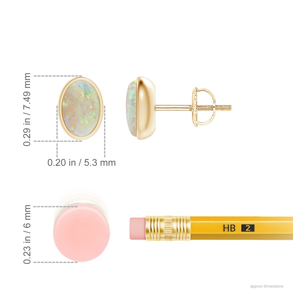 6x4mm AAA Bezel Set Oval Opal Solitaire Stud Earrings in 10K Yellow Gold ruler