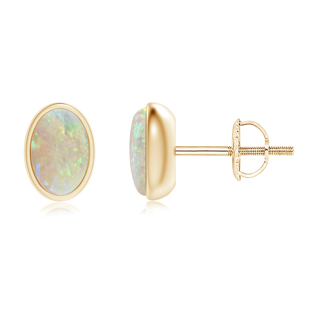 6x4mm AAA Bezel Set Oval Opal Solitaire Stud Earrings in Yellow Gold