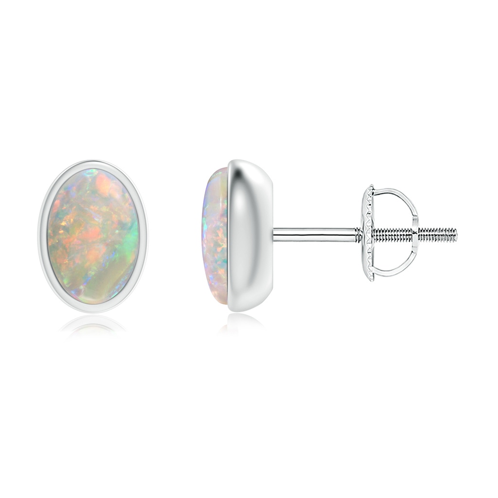 6x4mm AAAA Bezel Set Oval Opal Solitaire Stud Earrings in 18K White Gold