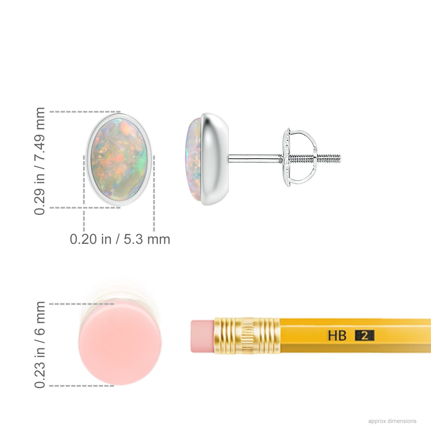 6x4mm AAAA Bezel Set Oval Opal Solitaire Stud Earrings in 18K White Gold - ruler