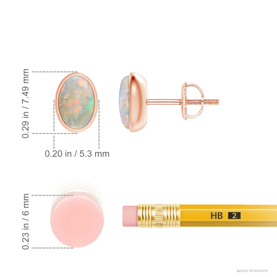 6x4mm AAAA Bezel Set Oval Opal Solitaire Stud Earrings in Rose Gold ruler