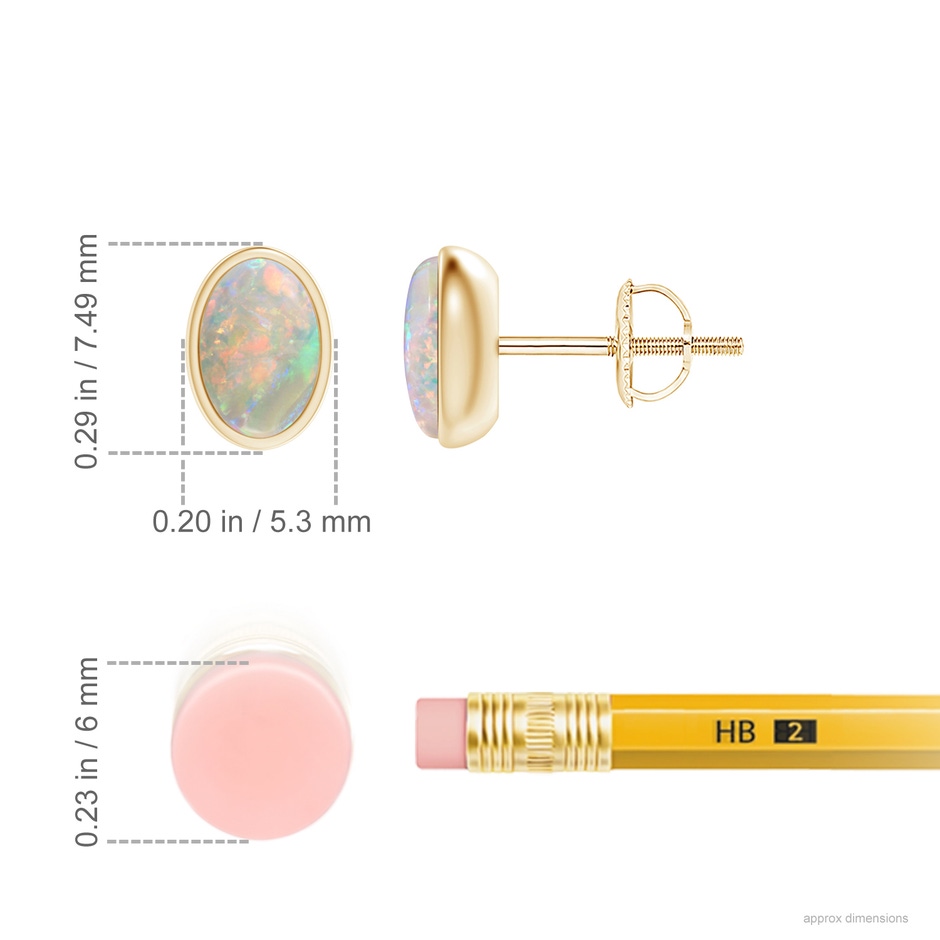 6x4mm AAAA Bezel Set Oval Opal Solitaire Stud Earrings in Yellow Gold ruler