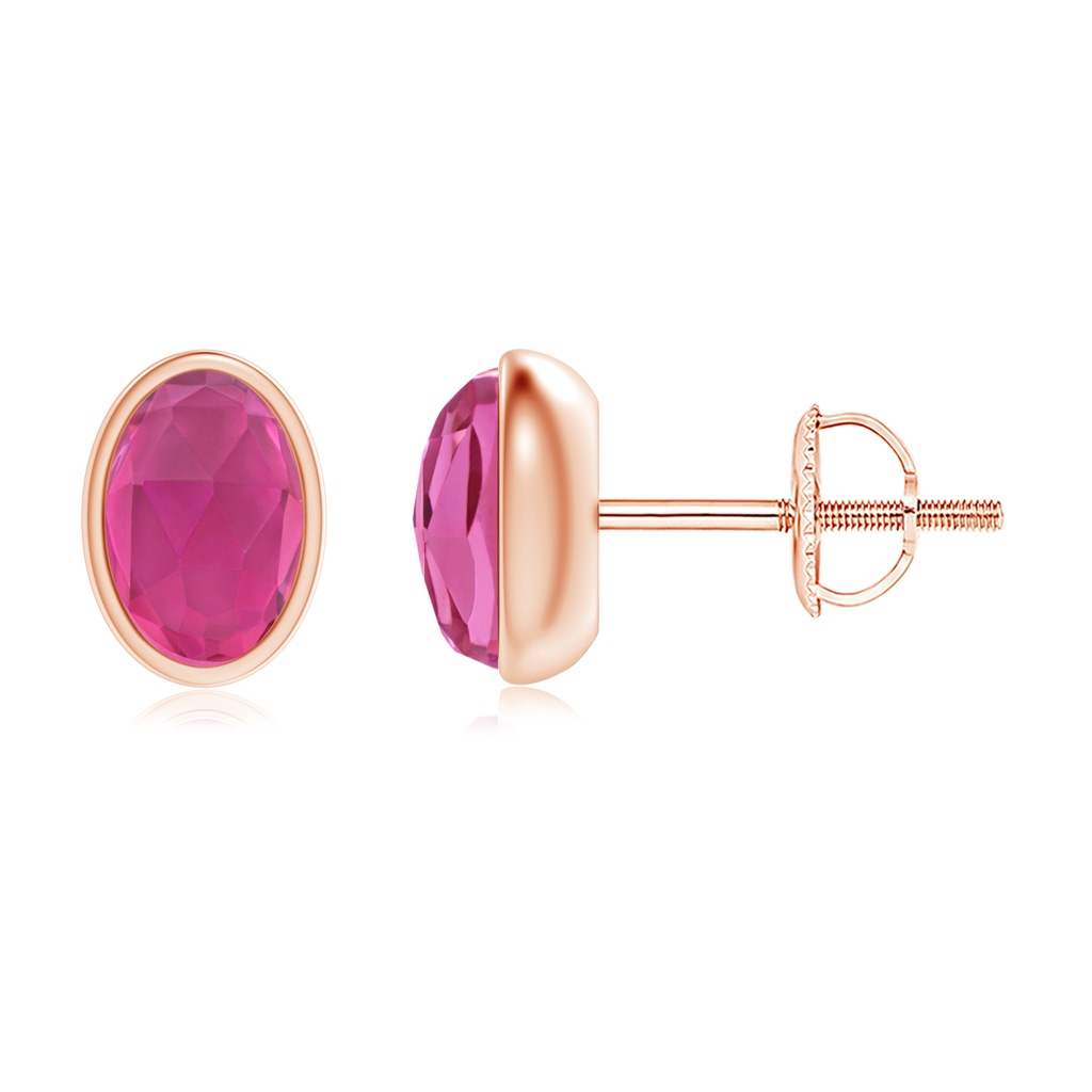 6x4mm AAA Bezel Set Oval Pink Tourmaline Solitaire Stud Earrings in Rose Gold