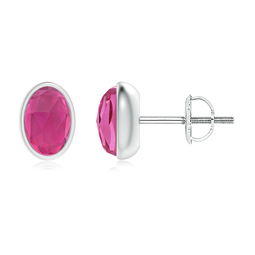 6x4mm AAA Bezel Set Oval Pink Tourmaline Solitaire Stud Earrings in White Gold