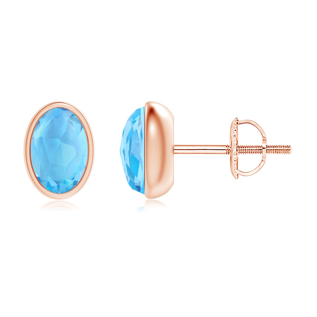 6x4mm AAA Bezel Set Oval Swiss Blue Topaz Solitaire Stud Earrings in Rose Gold