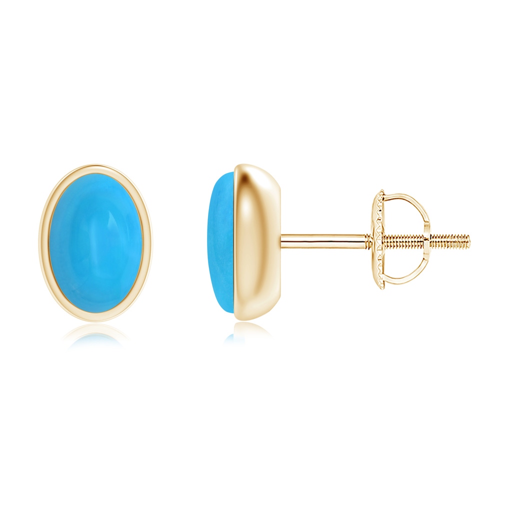 6x4mm AAAA Bezel Set Oval Turquoise Solitaire Stud Earrings in Yellow Gold