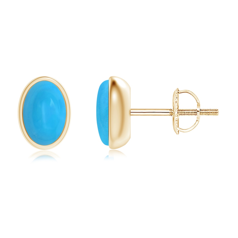 6x4mm AAAA Bezel Set Oval Turquoise Solitaire Stud Earrings in Yellow Gold 