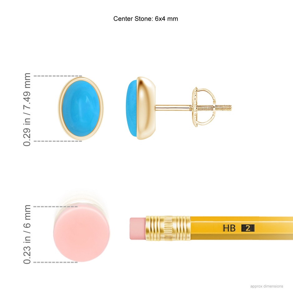 6x4mm AAAA Bezel Set Oval Turquoise Solitaire Stud Earrings in Yellow Gold ruler