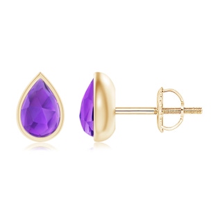 6x4mm AAA Pear-Shaped Amethyst Solitaire Stud Earrings in Yellow Gold