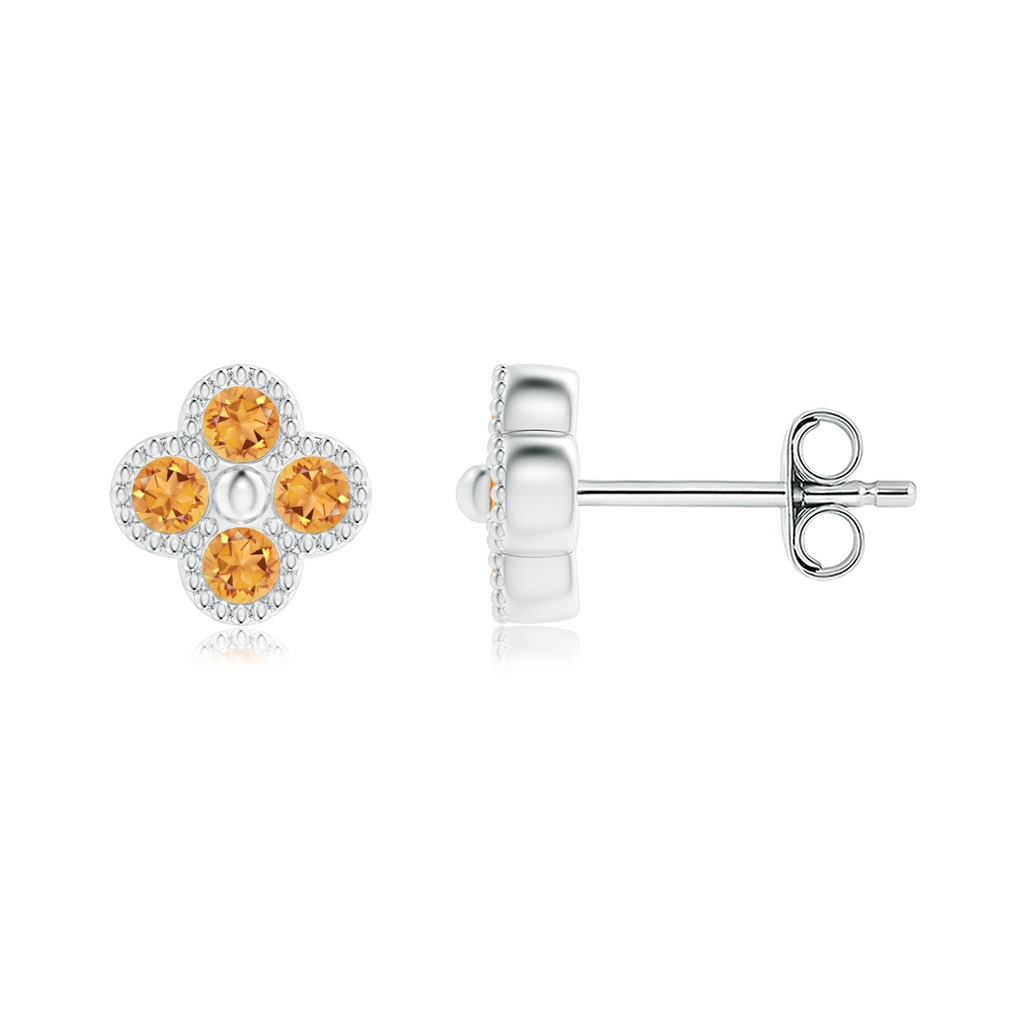 2mm AAA Citrine Four Leaf Clover Stud Earrings with Beaded Edges in S999 Silver
