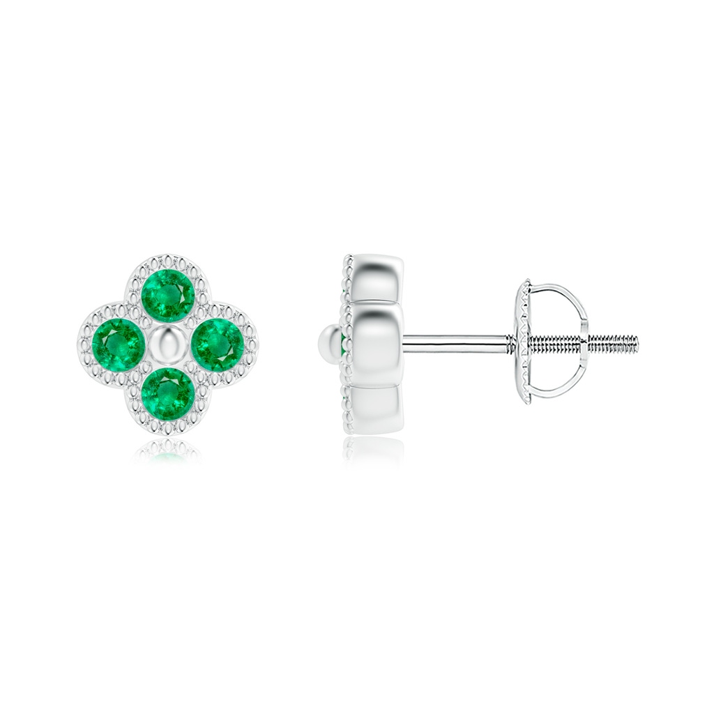 2mm AAA Emerald Four Leaf Clover Stud Earrings with Beaded Edges in White Gold
