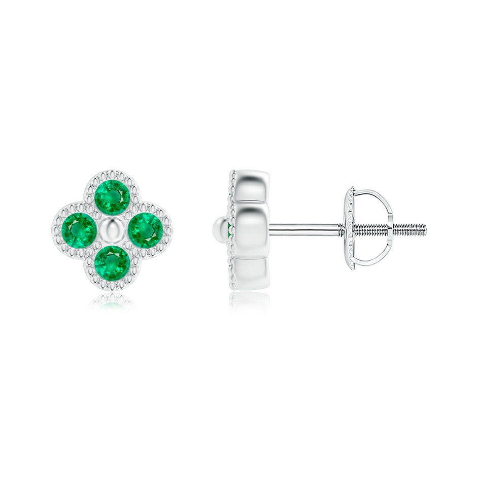 2mm AAA Emerald Four Leaf Clover Stud Earrings with Beaded Edges in White Gold 