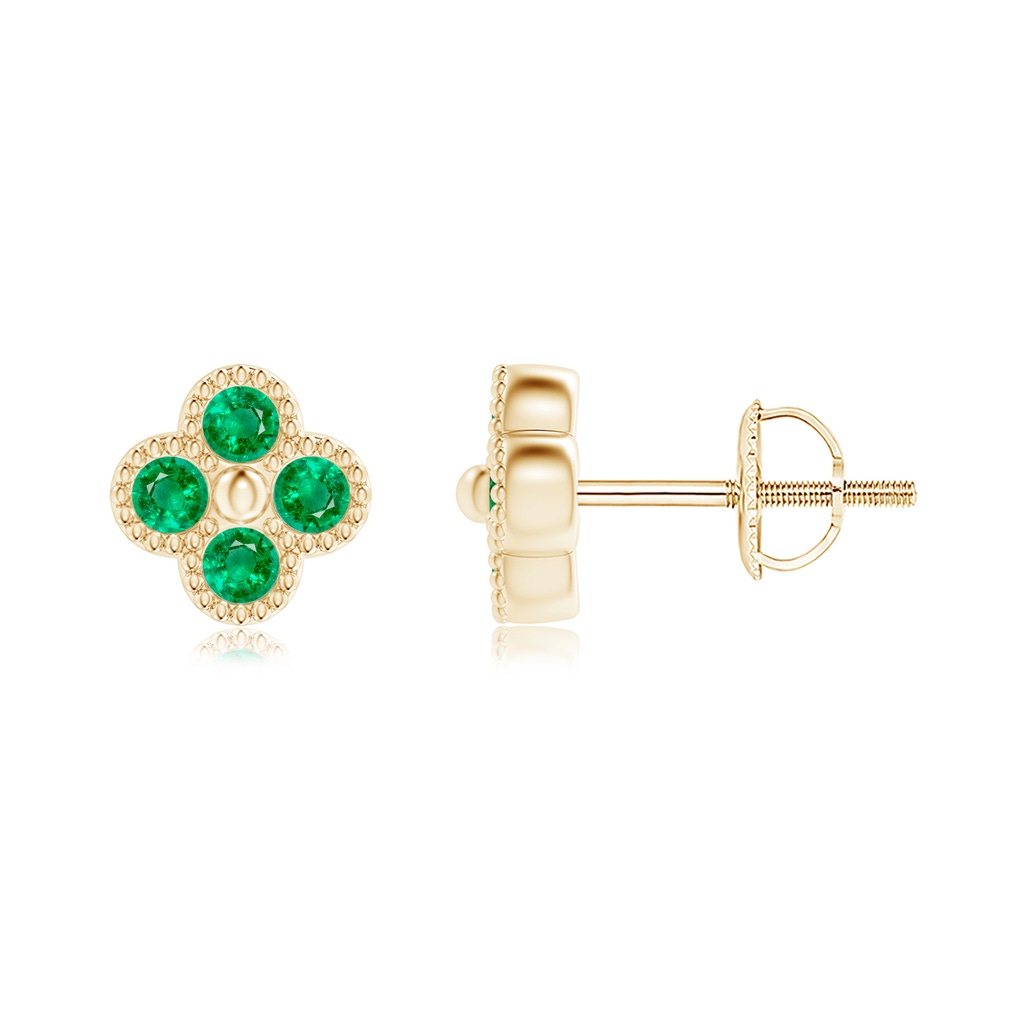 2mm AAA Emerald Four Leaf Clover Stud Earrings with Beaded Edges in Yellow Gold
