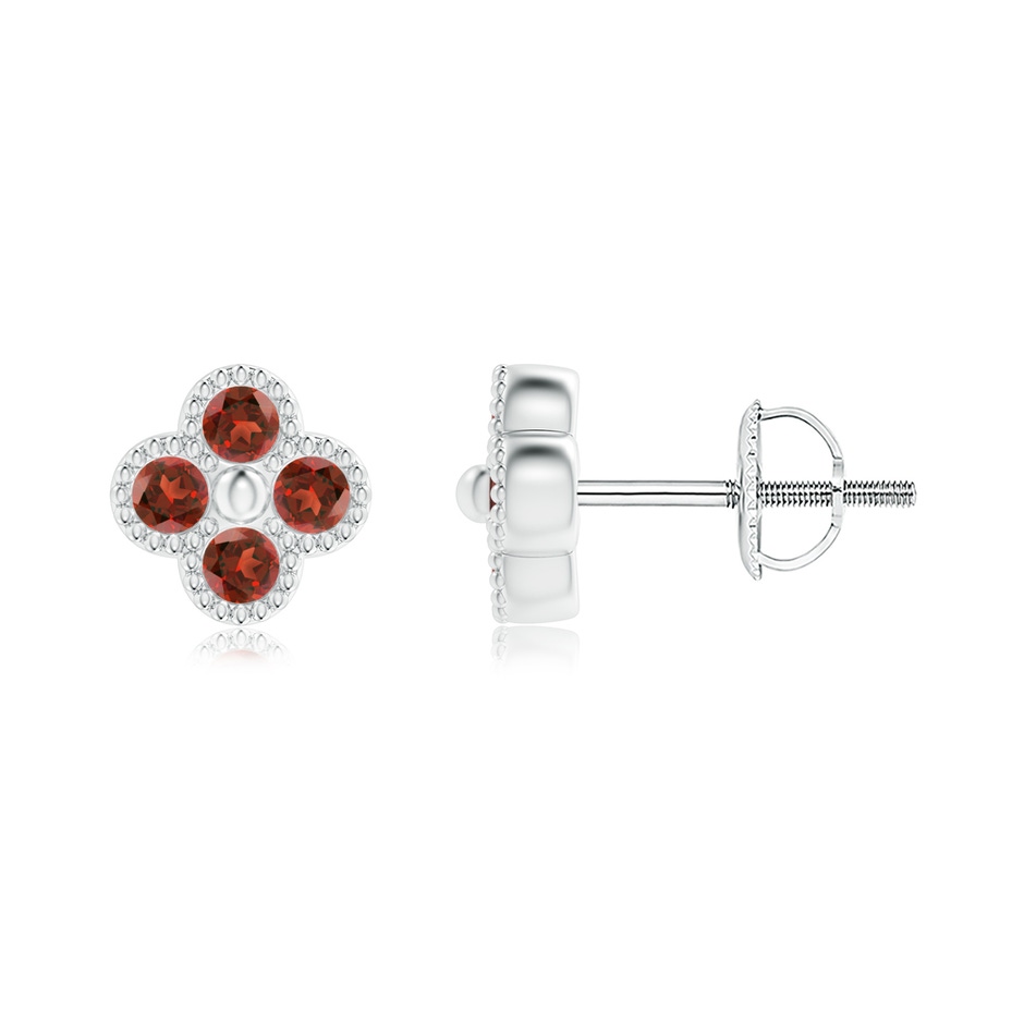 2mm AAA Garnet Four Leaf Clover Stud Earrings with Beaded Edges in White Gold 