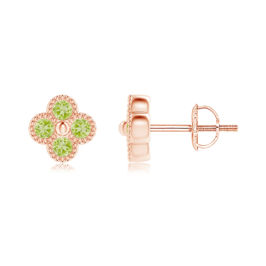 2mm AAA Peridot Four Leaf Clover Stud Earrings with Beaded Edges in Rose Gold