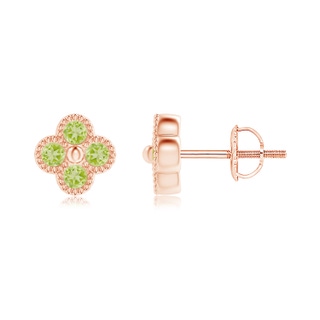 2mm AAA Peridot Four Leaf Clover Stud Earrings with Beaded Edges in Rose Gold