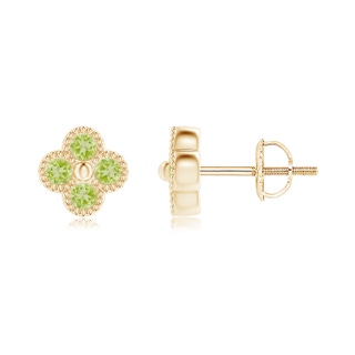 2mm AAA Peridot Four Leaf Clover Stud Earrings with Beaded Edges in Yellow Gold