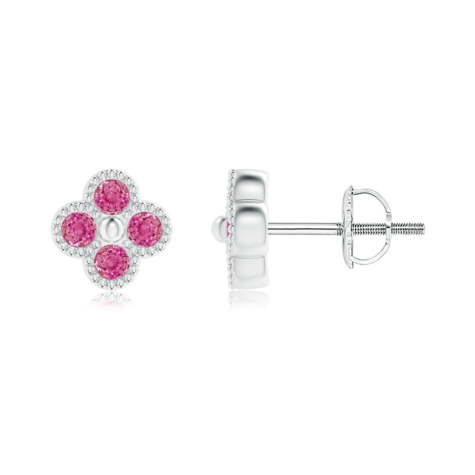 2mm AAA Pink Sapphire Four Leaf Clover Earrings with Beaded Edges in White Gold 