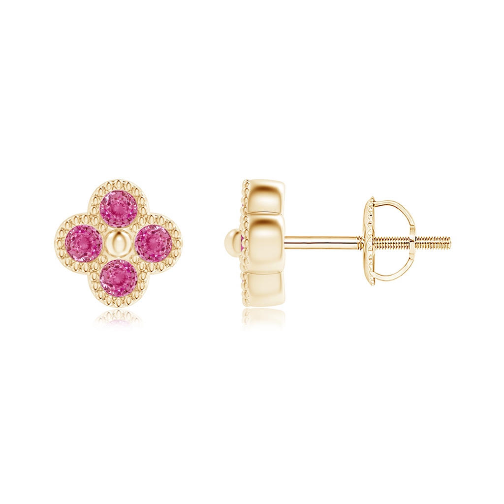 2mm AAA Pink Sapphire Four Leaf Clover Earrings with Beaded Edges in Yellow Gold