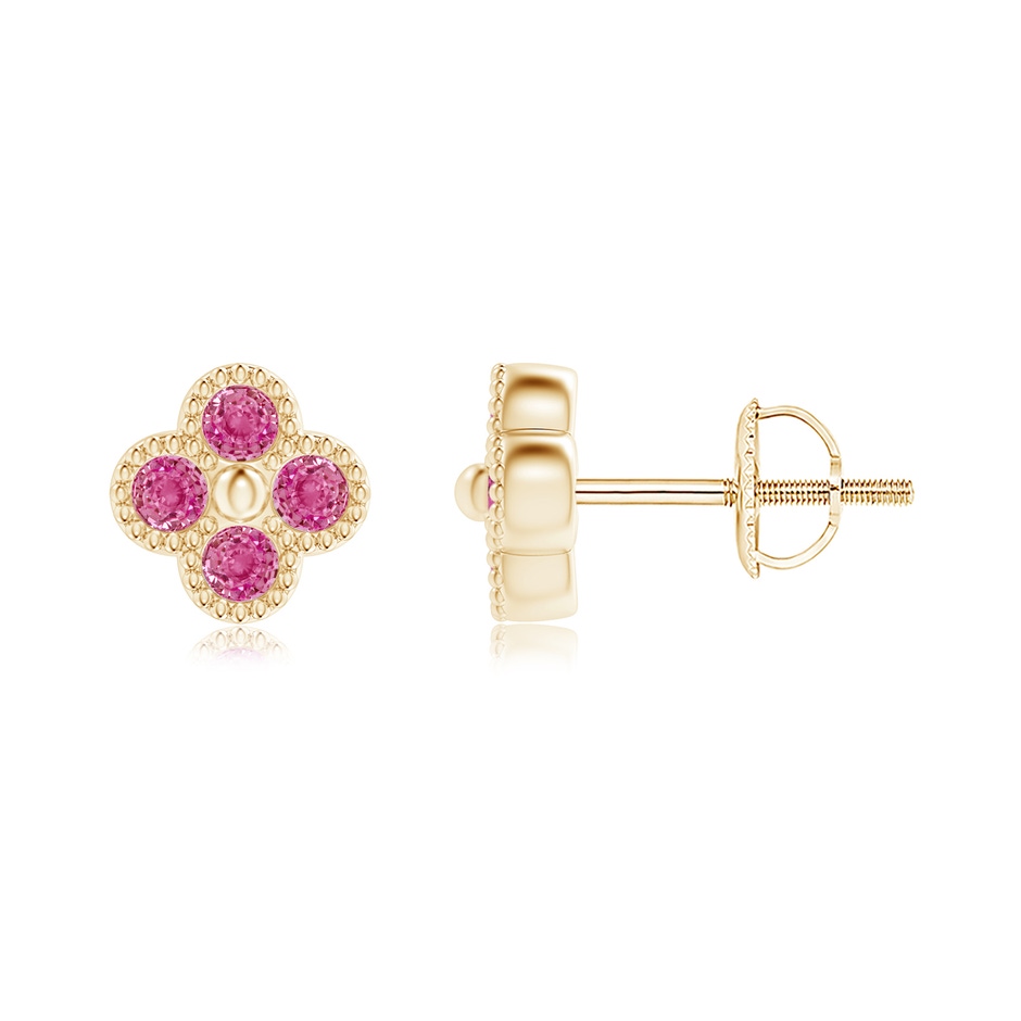 2mm AAA Pink Sapphire Four Leaf Clover Earrings with Beaded Edges in Yellow Gold 
