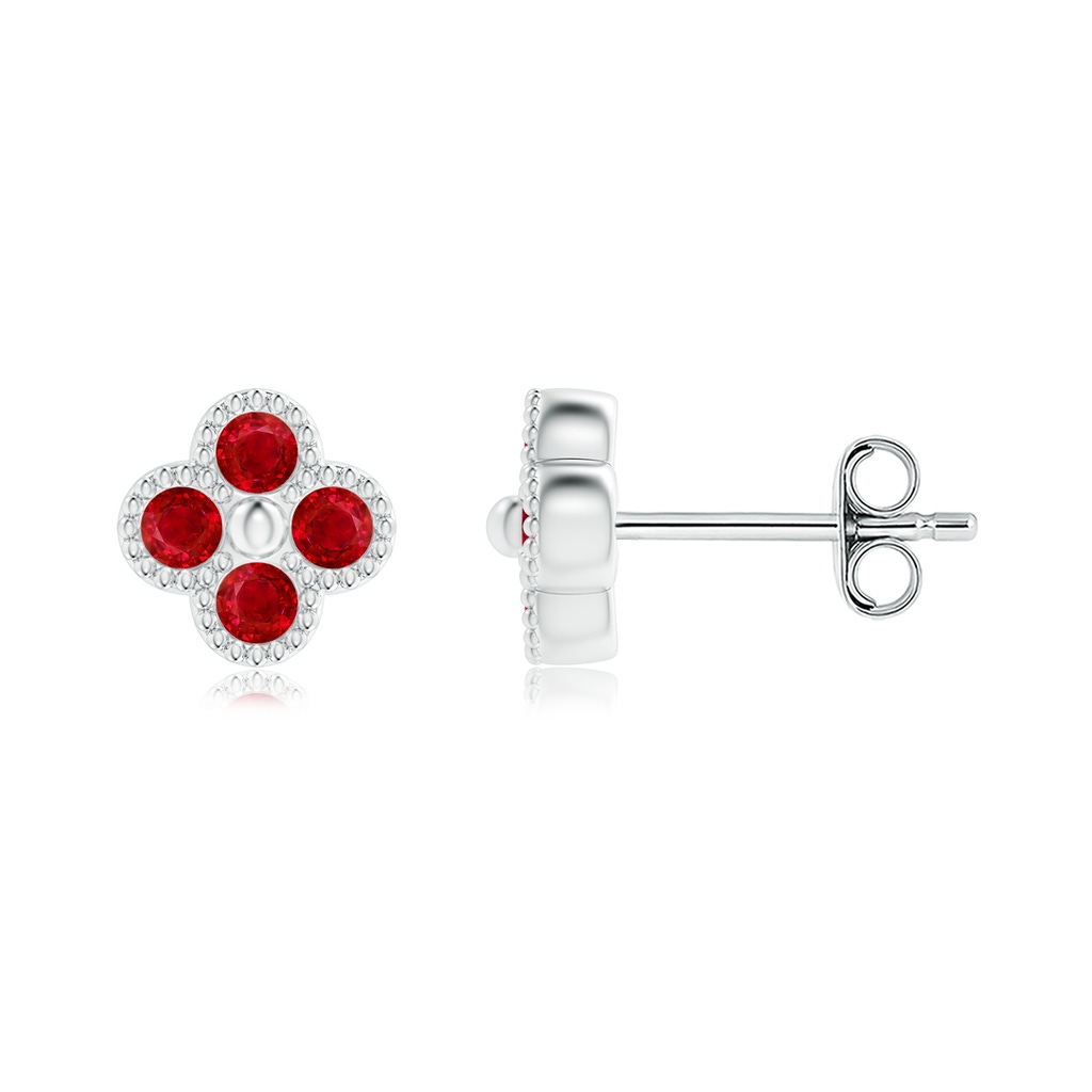2mm AAA Ruby Four Leaf Clover Stud Earrings with Beaded Edges in S999 Silver