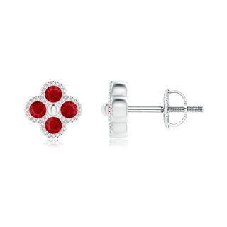 2mm AAA Ruby Four Leaf Clover Stud Earrings with Beaded Edges in White Gold