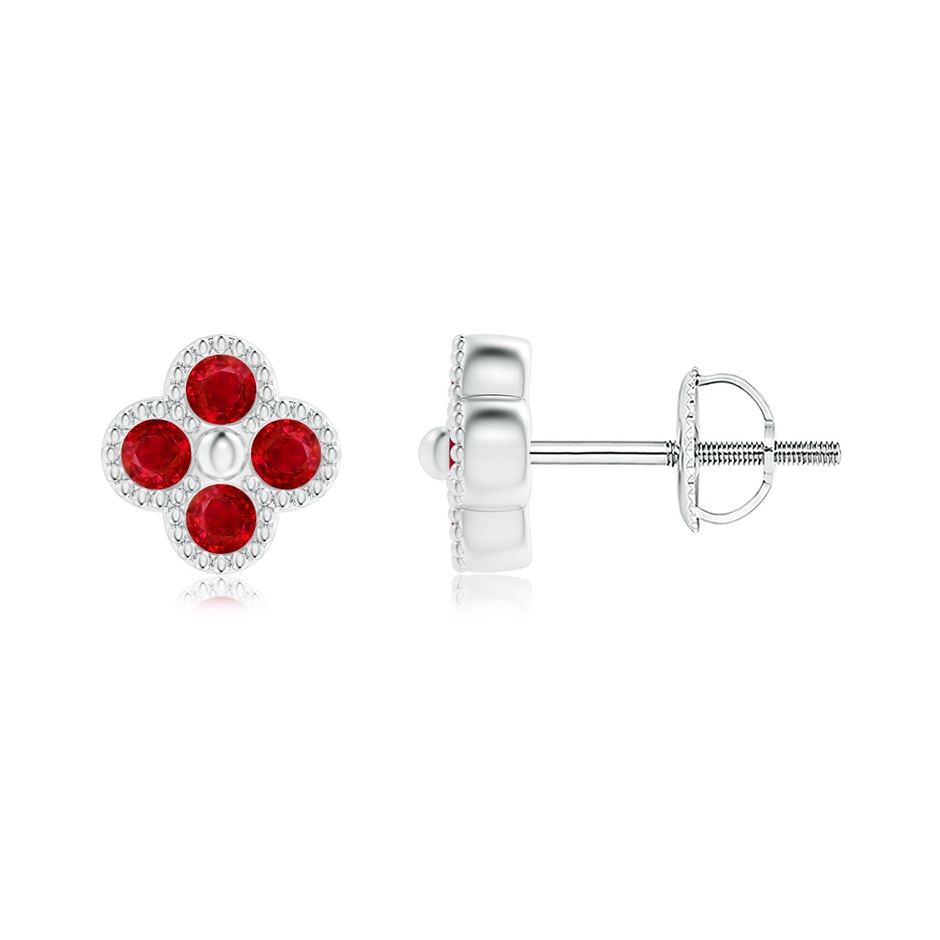 2mm AAA Ruby Four Leaf Clover Stud Earrings with Beaded Edges in White Gold 