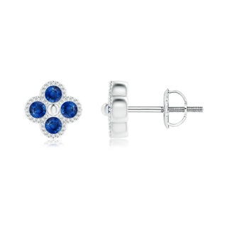 2mm AAA Sapphire Four Leaf Clover Stud Earrings with Beaded Edges in White Gold