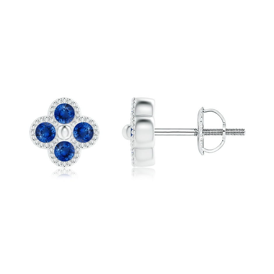 2mm AAA Sapphire Four Leaf Clover Stud Earrings with Beaded Edges in White Gold 