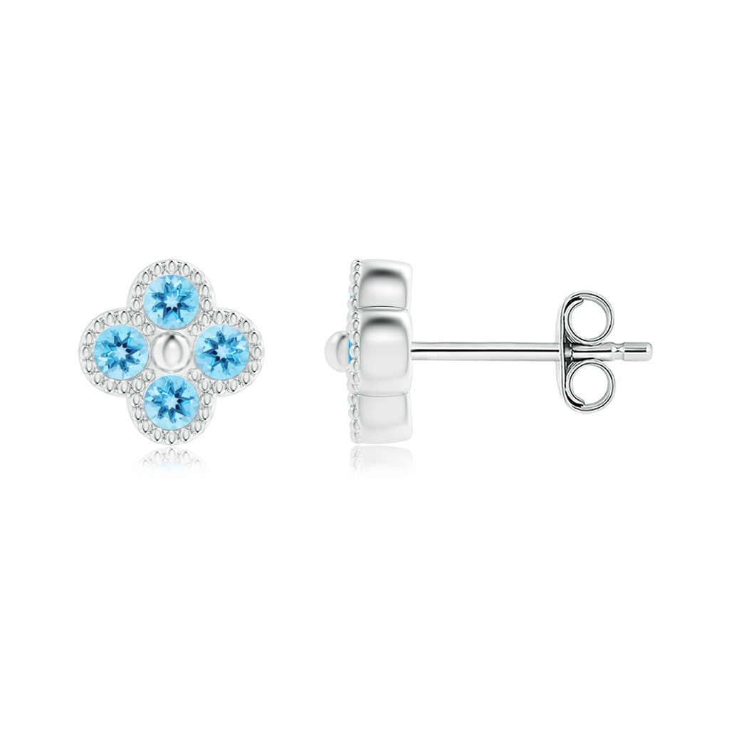 2mm AAA Swiss Blue Topaz Four Leaf Clover Studs with Beaded Edges in S999 Silver