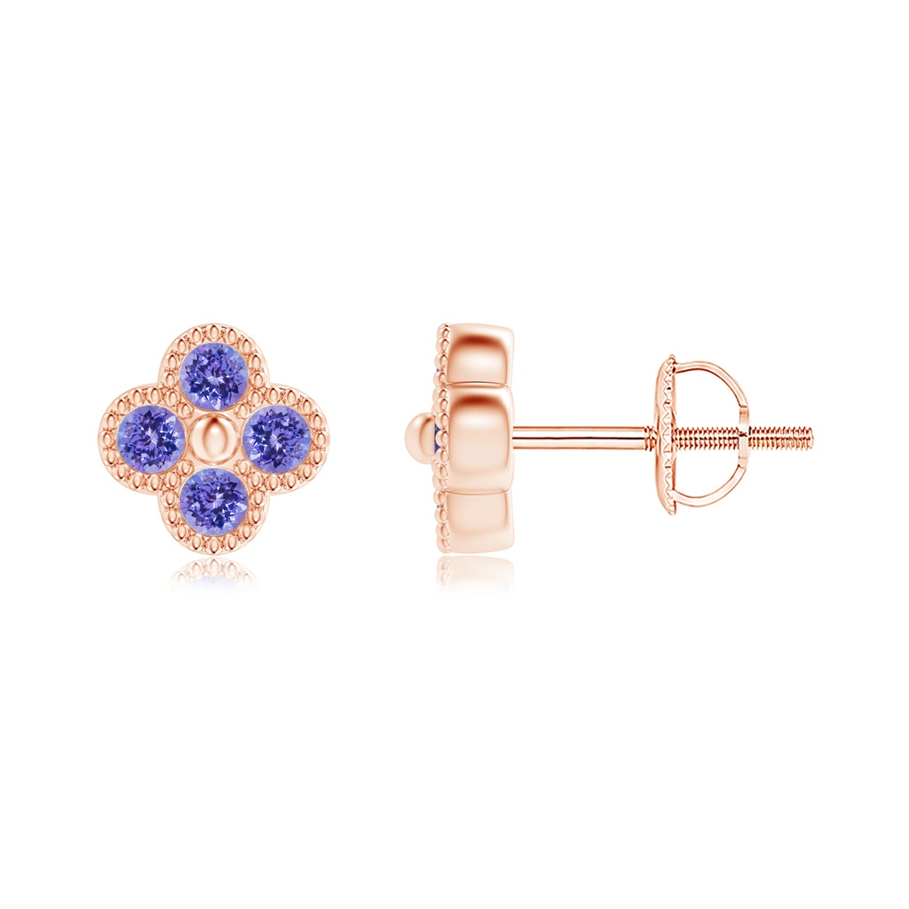 2mm AAA Tanzanite Four Leaf Clover Stud Earrings with Beaded Edges in Rose Gold