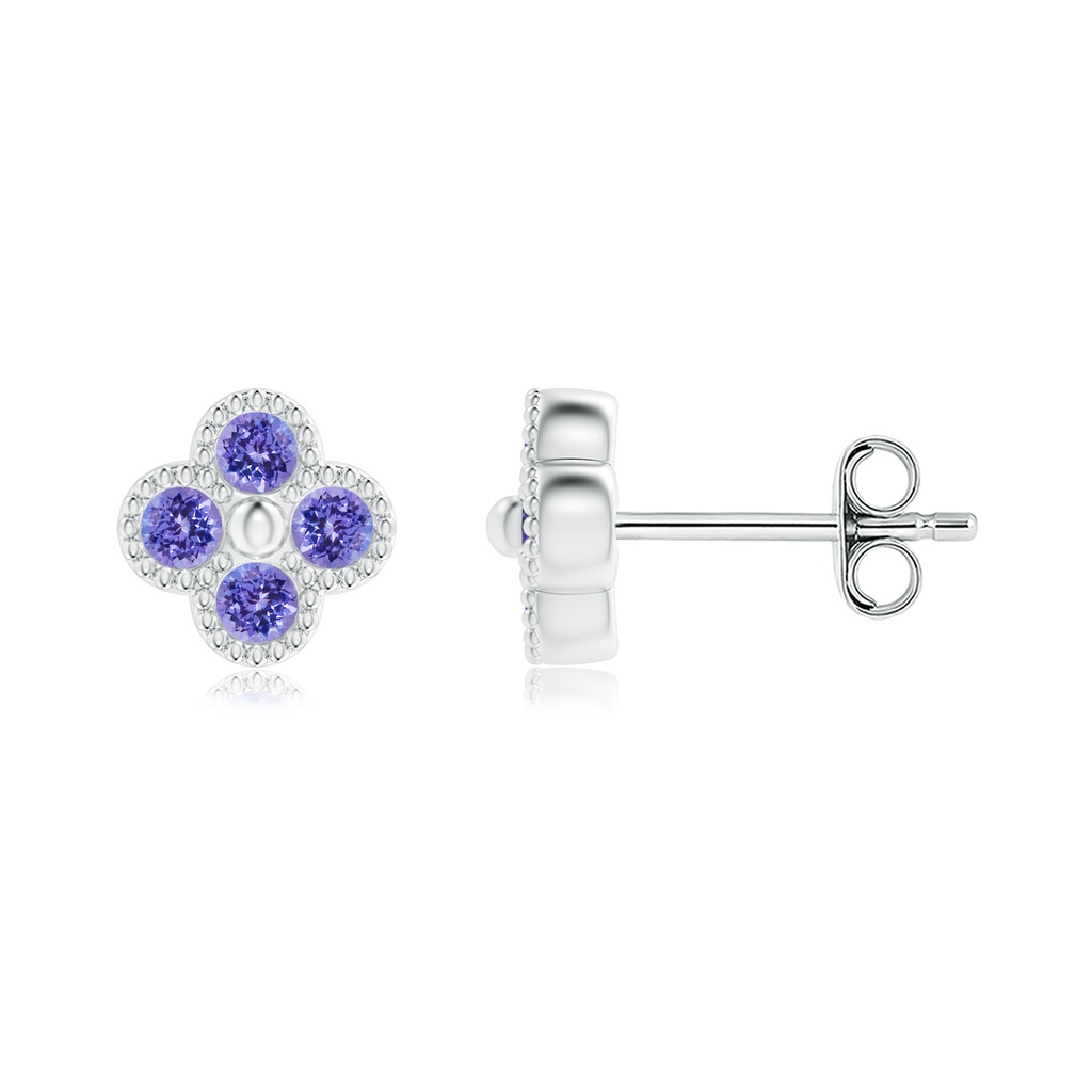 2mm AAA Tanzanite Four Leaf Clover Stud Earrings with Beaded Edges in S999 Silver