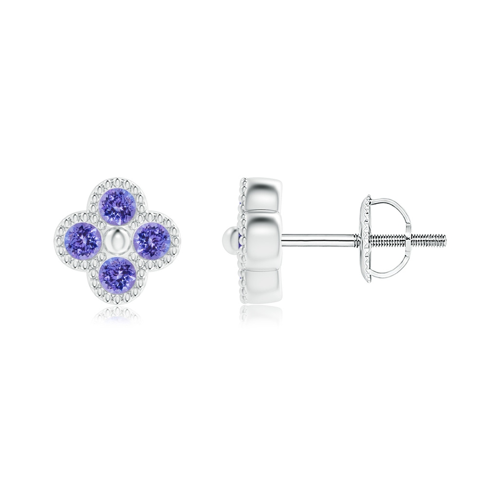 2mm AAA Tanzanite Four Leaf Clover Stud Earrings with Beaded Edges in White Gold