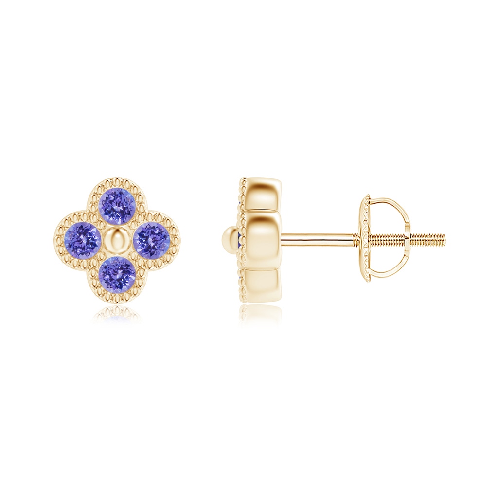 2mm AAA Tanzanite Four Leaf Clover Stud Earrings with Beaded Edges in Yellow Gold