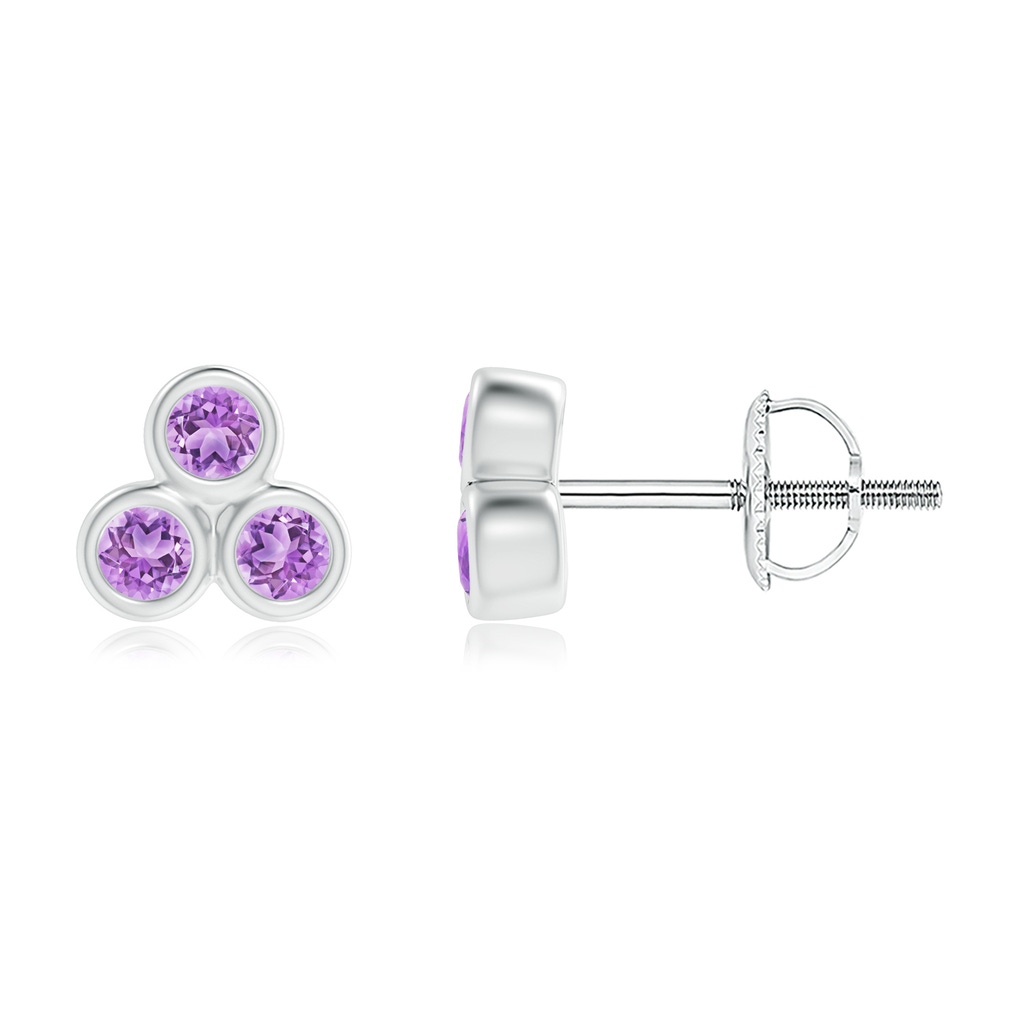 2mm AAA Bezel Set Amethyst Trio Clustre Stud Earrings in White Gold