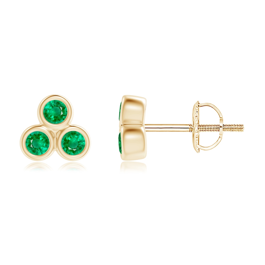 2mm AAA Bezel Set Emerald Trio Clustre Stud Earrings in Yellow Gold