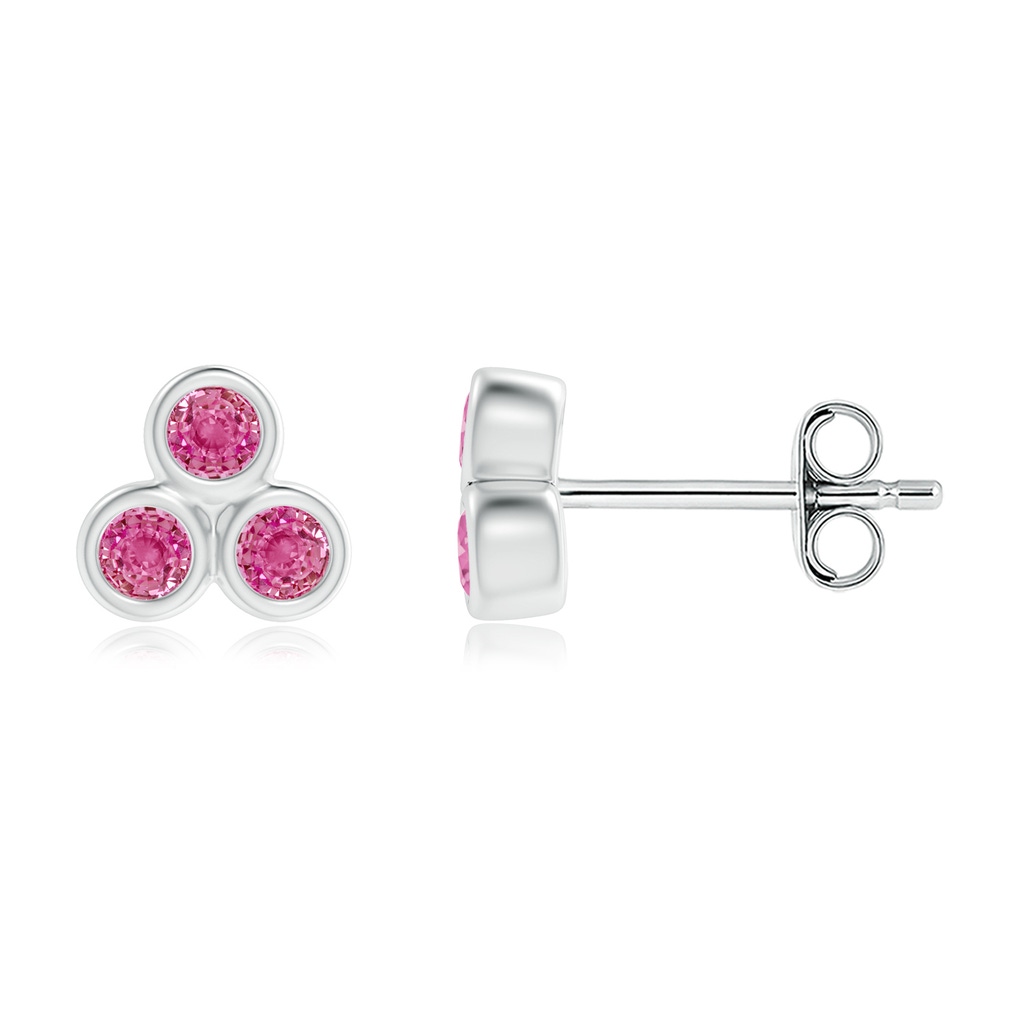 2mm AAA Bezel Set Pink Sapphire Trio Clustre Stud Earrings in S999 Silver