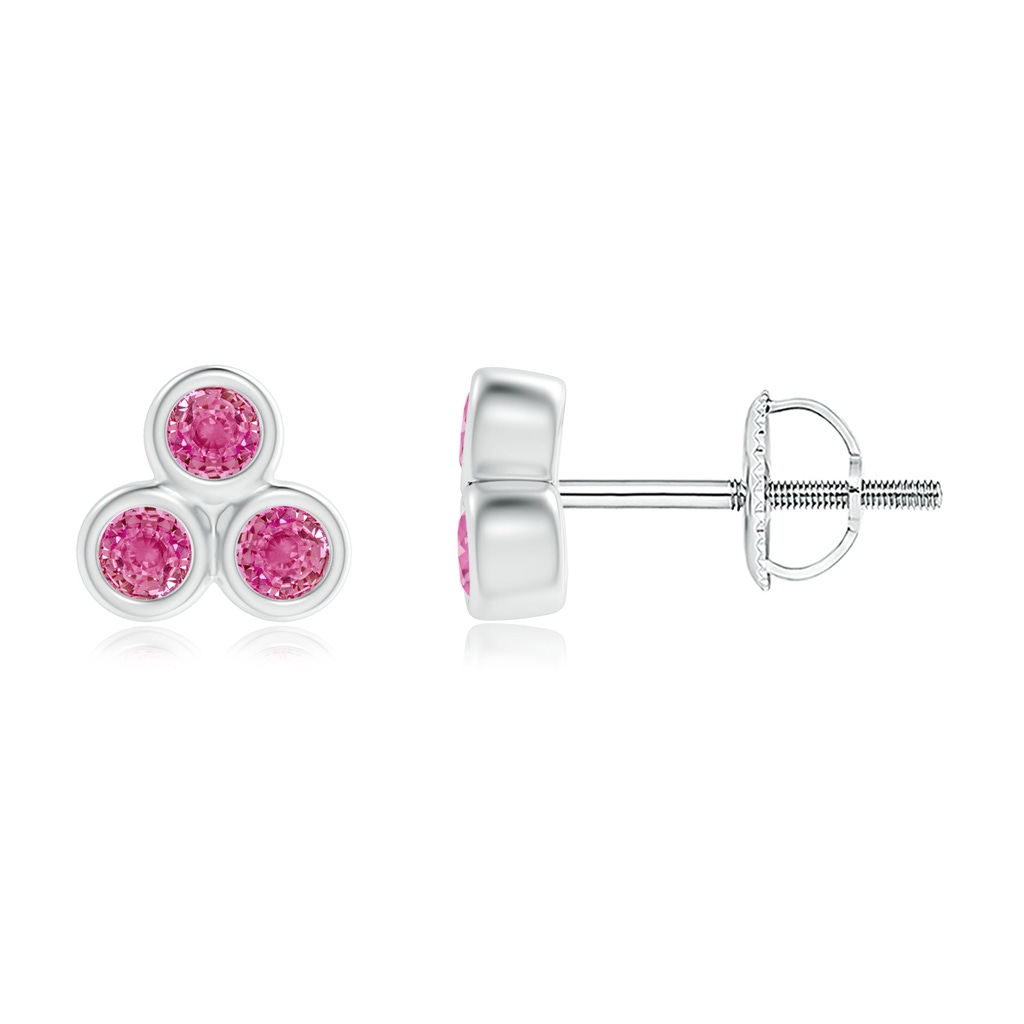 2mm AAA Bezel Set Pink Sapphire Trio Clustre Stud Earrings in White Gold