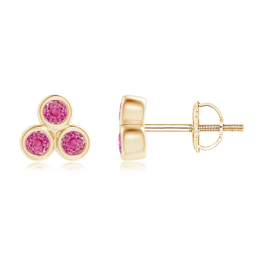 2mm AAA Bezel Set Pink Sapphire Trio Clustre Stud Earrings in Yellow Gold