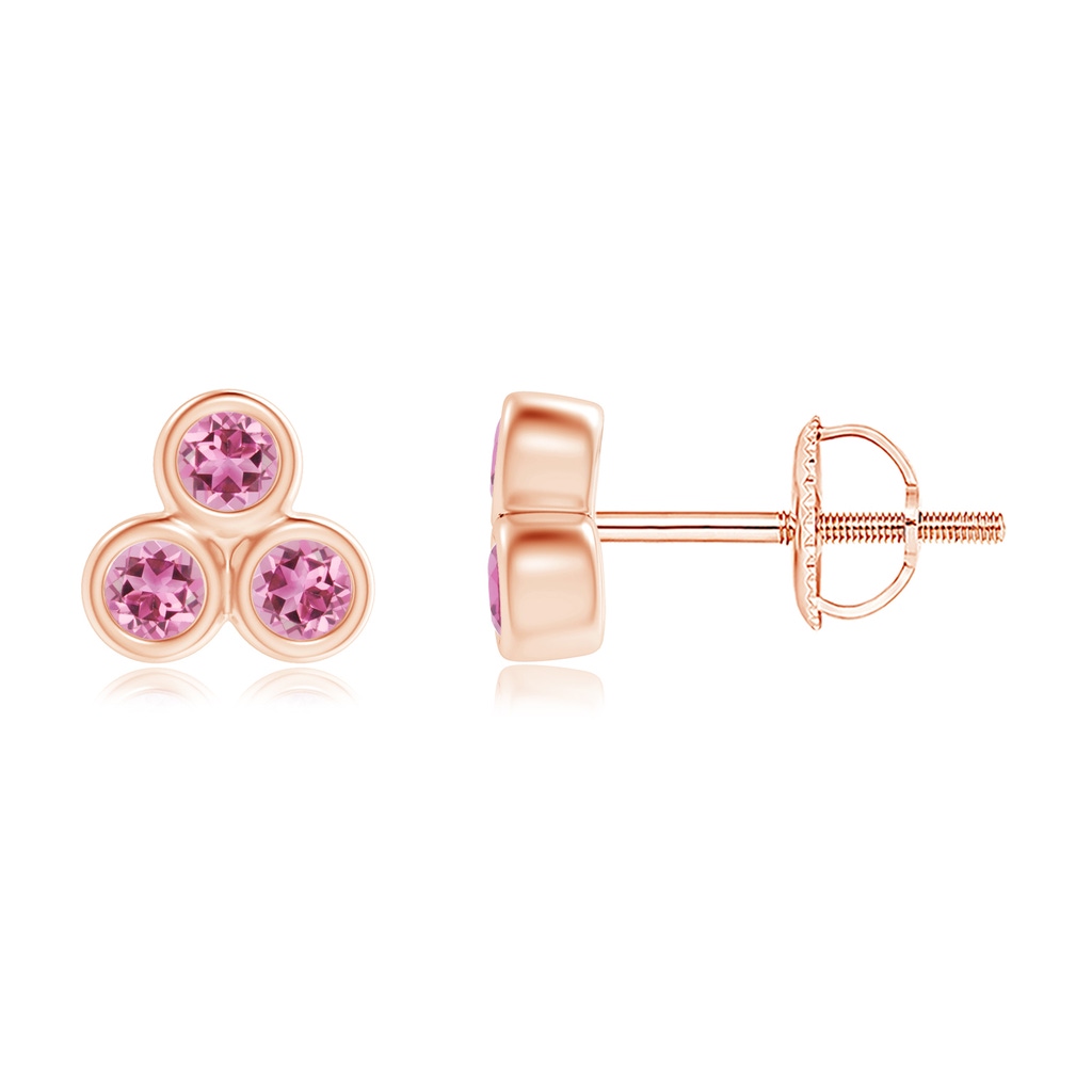 2mm AAA Bezel Set Pink Tourmaline Trio Clustre Stud Earrings in 9K Rose Gold